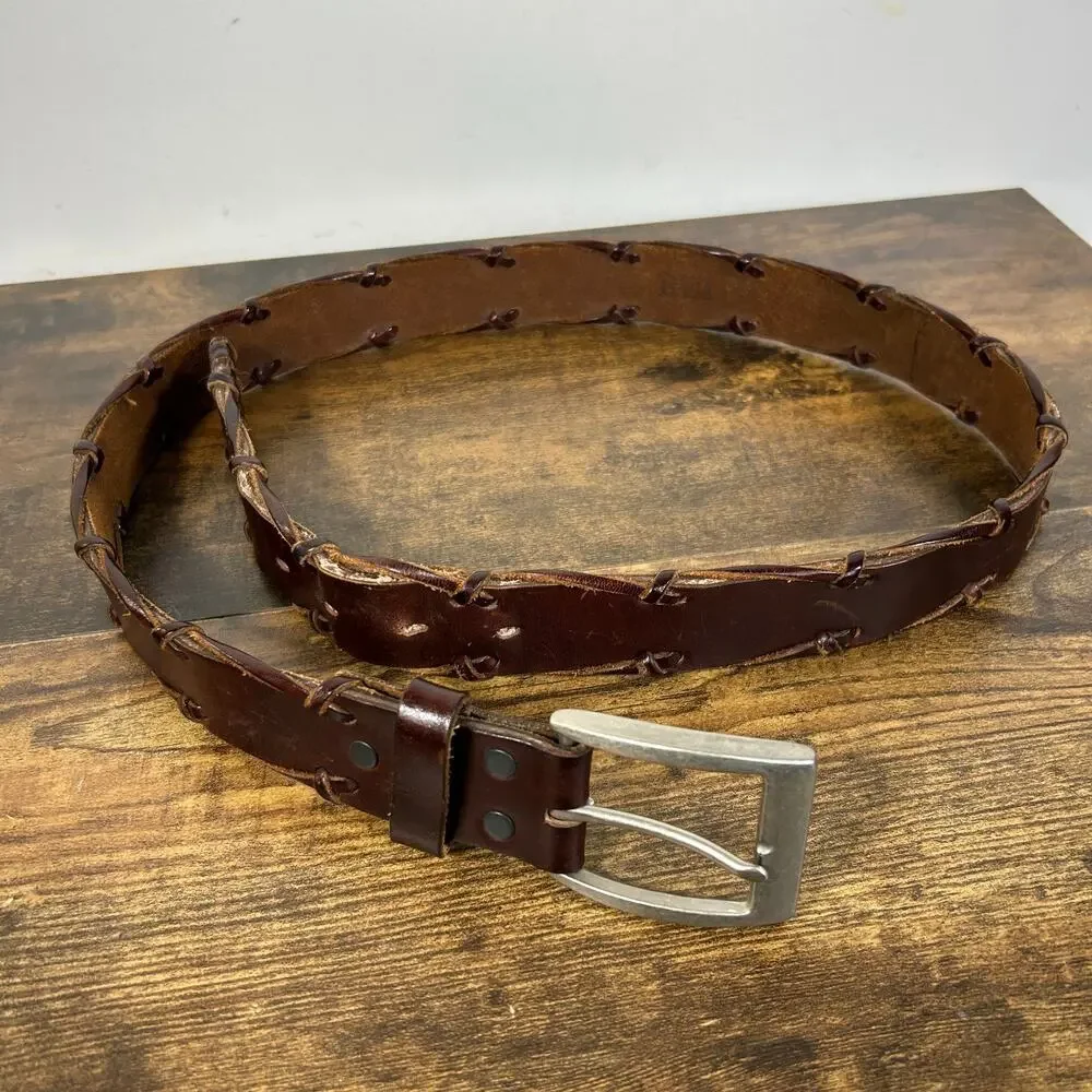 REI Brown Leather Belt Solid Silver Buckle Mens 36 Distressed Wrap Braid Detail